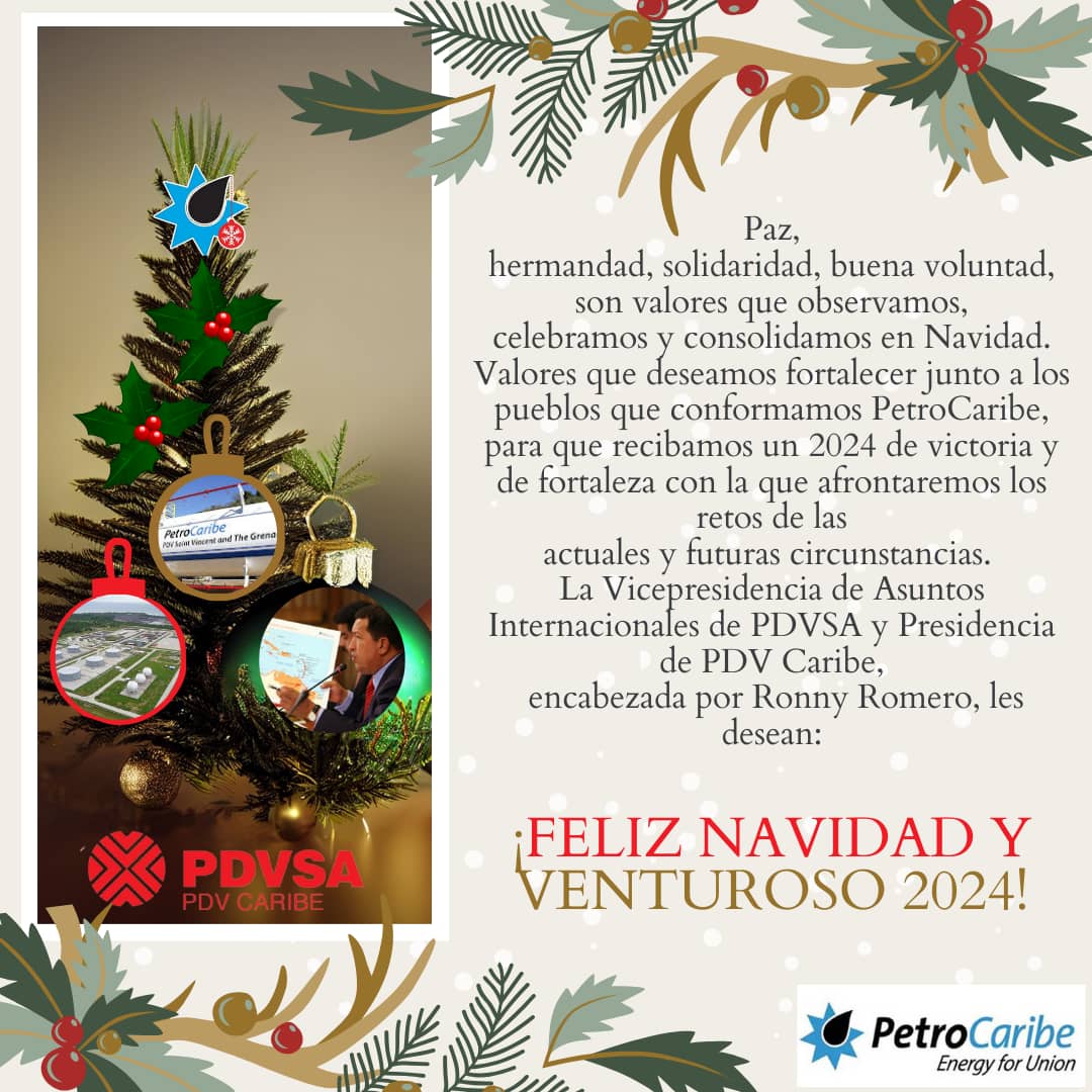 La Vicepresidencia de Asuntos Internacionales de @PDVSA y la Presidencia de #PDVCaribe, encabezadas por @ronnyrromeror desean a los trabajadores y a todos los pueblos de @Petrocaribe una Feliz Navidad y un venturoso Año Nuevo 2024!!.