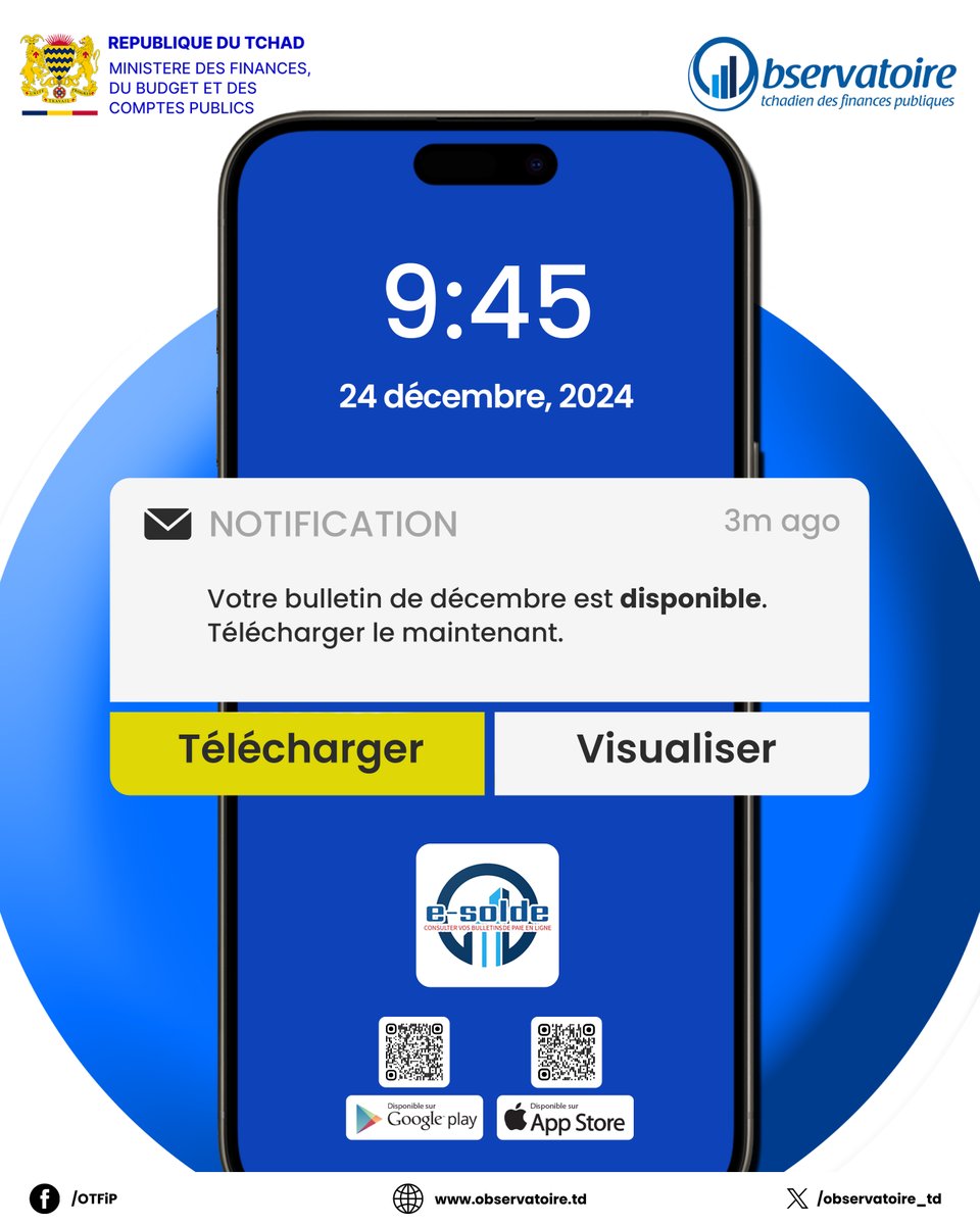 Observatoire_TD's tweet photo. Passez les fêtes de fin d'année en toute quiétude !

Votre bulletin du mois de décembre est déjà disponible sur l'application E-Solde.

Tous les matricules, y compris les nouveaux peuvent maintenant accéder à l'application sans aucun souci.

Joyeuses fêtes !

#otfip #esolde #paie https://t.co/OAuRLFvabV