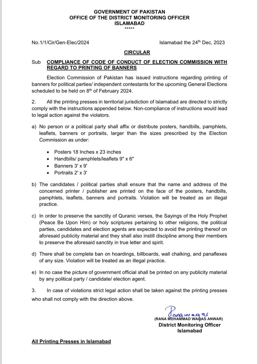 COMPLIANCE OF CODE OF CONDUCT OF ELECTION COMMISSION WITH REGARD TO PRINTING OF BANNERS