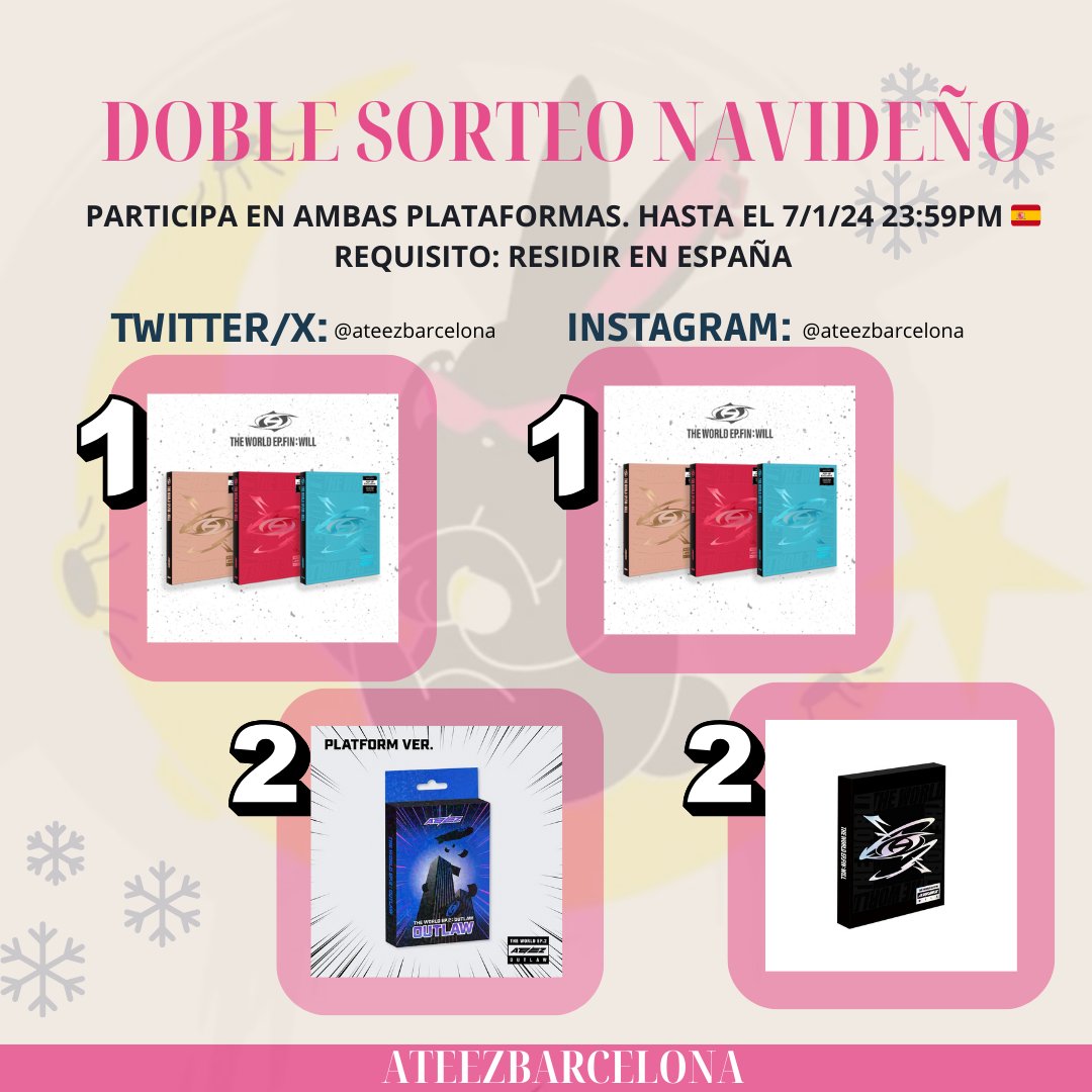ateezbarcelona's tweet photo. 🎄🎁DOBLE SORTEO NAVIDEÑO 🎁🎄
¡Feliz navidad ATINY! Sorteamos los siguientes premios! 4 ganadores🤭

Sorteo X:
1-Seguirnos
2-"RT" este post
3-Comenta etiquetando 3 amigxs (más comentarios-más posibilidades de ganar)

Residir en España.
Hasta el 7/1/24 23:59h🇪🇦
#ATEEZ #에이티즈 https://t.co/jpmut2Jetc