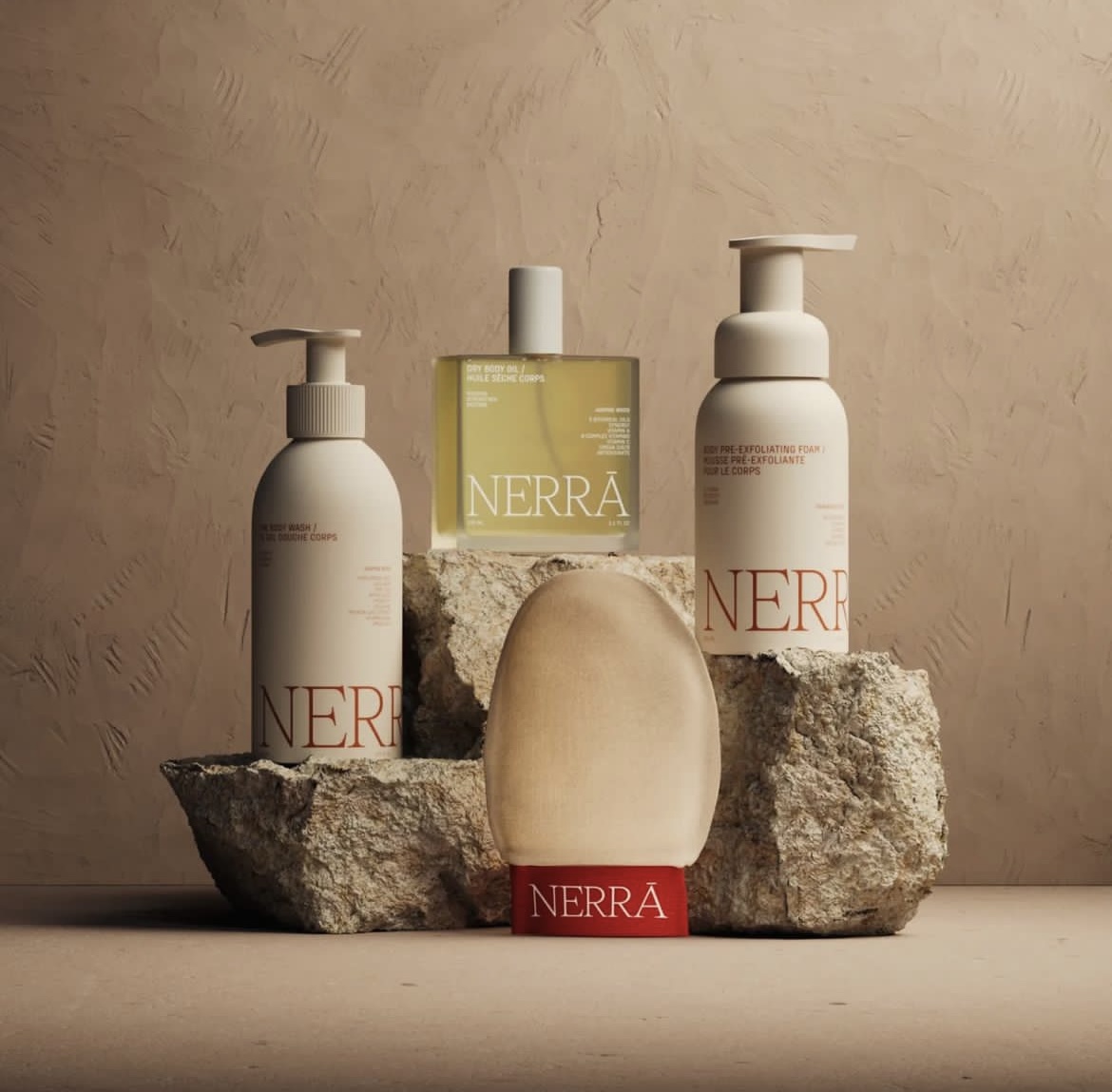 NERRĀ, a new prestige body care brand that's inspired by hammam bathing practices, officially launched with four products:

- Pre-Exfoliating Foam
- Exfoliating Body Glove Set
- Body Wash
- Dry Body Oil 

nerra.com