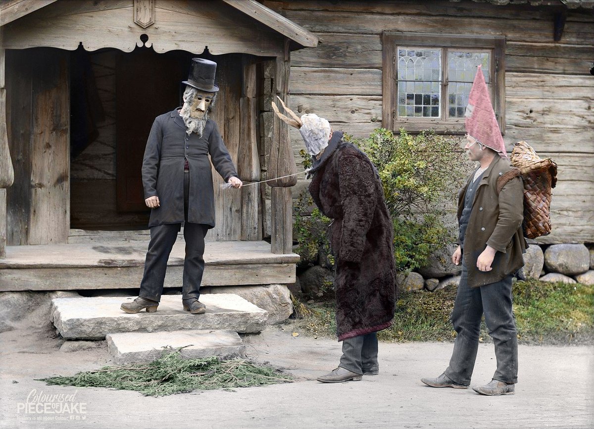 A Swedish Christmas Goat (Julbock) with company taken at Bollnässtugan, Skansen around 1910.

#Christmas #julbock #julbocken #krampus #krampusnacht #wo2inkleur #bollnässtugan #skansen #svenska #xmas #xmasgift #folklore  #weinachten #kerstmis

Photo: N. Keyland,  Nordic Museum