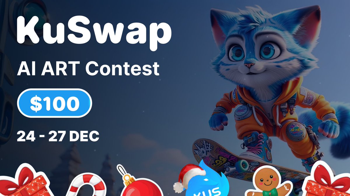 🤖 KuSwap AI Art Contest 🤖 Join the first KCC AI Art Contest hosted by KuSwap! Event Details ⏳ Event Duration: December 24-27, 2023 ⏰ Start Time: 10:00 PM UTC Prizes 🎨 $100 KCS for 5 lucky winners How to Enter: - Follow @KuSwap on Twitter - Create an original…