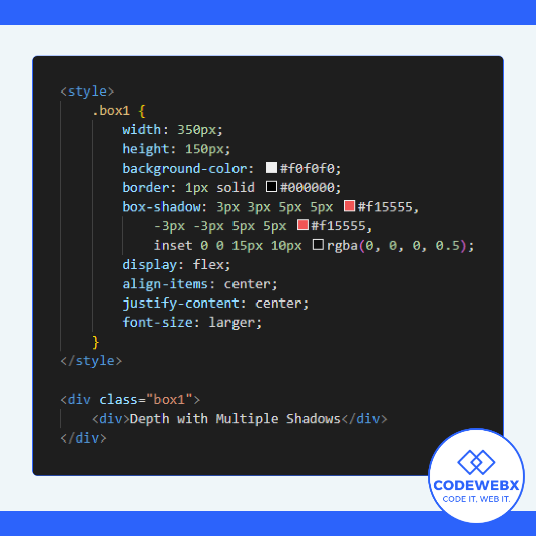 codewebxsl's tweet image. 👍How do I create depth with multiple shadows?👍

box-shadow: 3px 3px 5px 5px #f15555, -3px -3px 5px 5px #f15555, inset 0 0 15px 10px rgba(0, 0, 0, 0.5);

#codewebx #codewebxsl #webdesign #webdesigner #webdeveloper #webdevelopment #webdev #webdesigner #webdesigning #webdesigners
