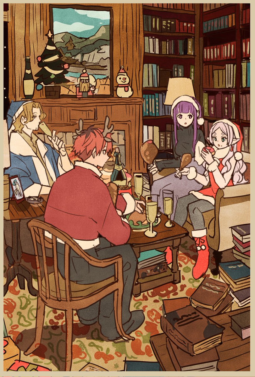 fern (sousou no frieren) ,frieren ,stark (sousou no frieren) christmas tree multiple girls christmas purple hair multiple boys red hair santa hat  illustration images