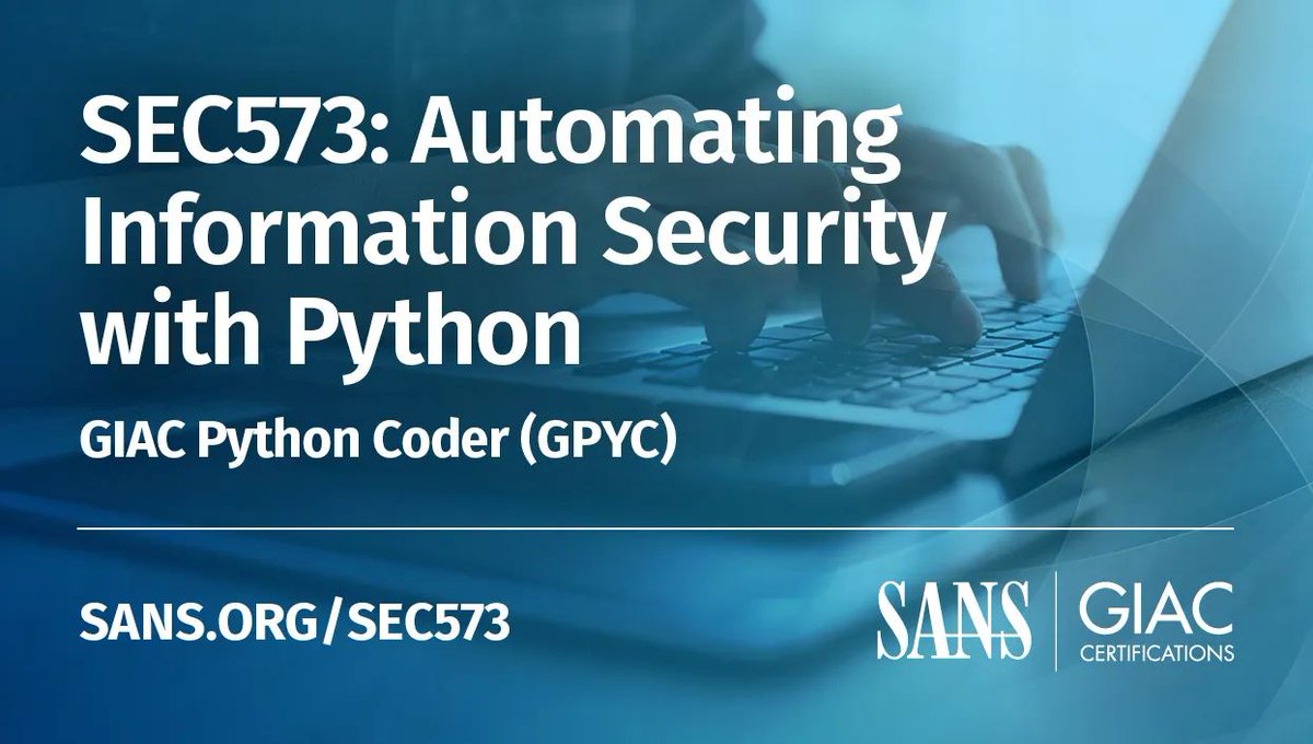 SANSDefense's tweet photo. SEC573 is designed for all cybersecurity professionals who want to learn how to apply basic coding skills to do their job more efficiently. Try the course demo for yourself: https://t.co/qEtyCdAcP8
Learn more about #SEC573: https://t.co/uBixSLHw0r https://t.co/xxZ69WhMh3