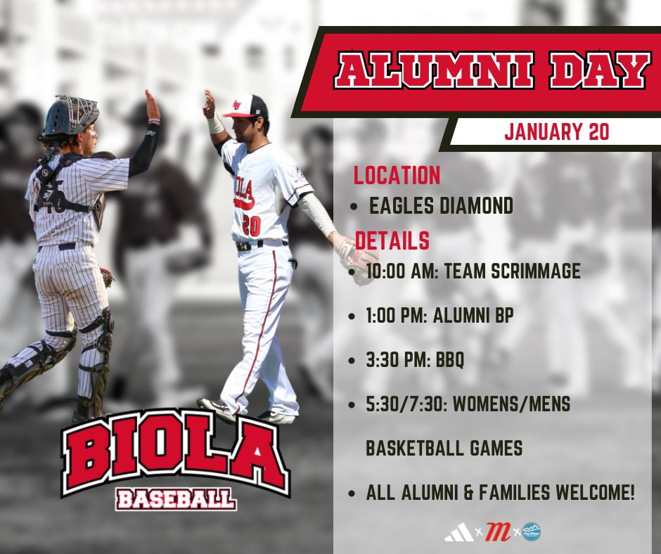 Biola Baseball Alums: come out to Eagles Diamond for our Alumni Day on January 20th! Come spend the day with our players and staff! Sign up with the link attached. 

#GoEagles

docs.google.com/forms/d/e/1FAI…