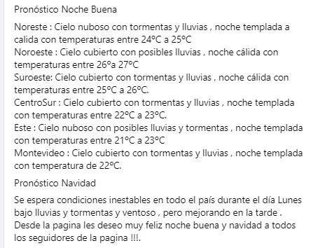 MetFloridaUy's tweet photo. Buenas tardes amigos !!! , les traigo el pronóstico sin mapa para esta Noche Buena y Navidad !!!. https://t.co/wET6y5OYcX