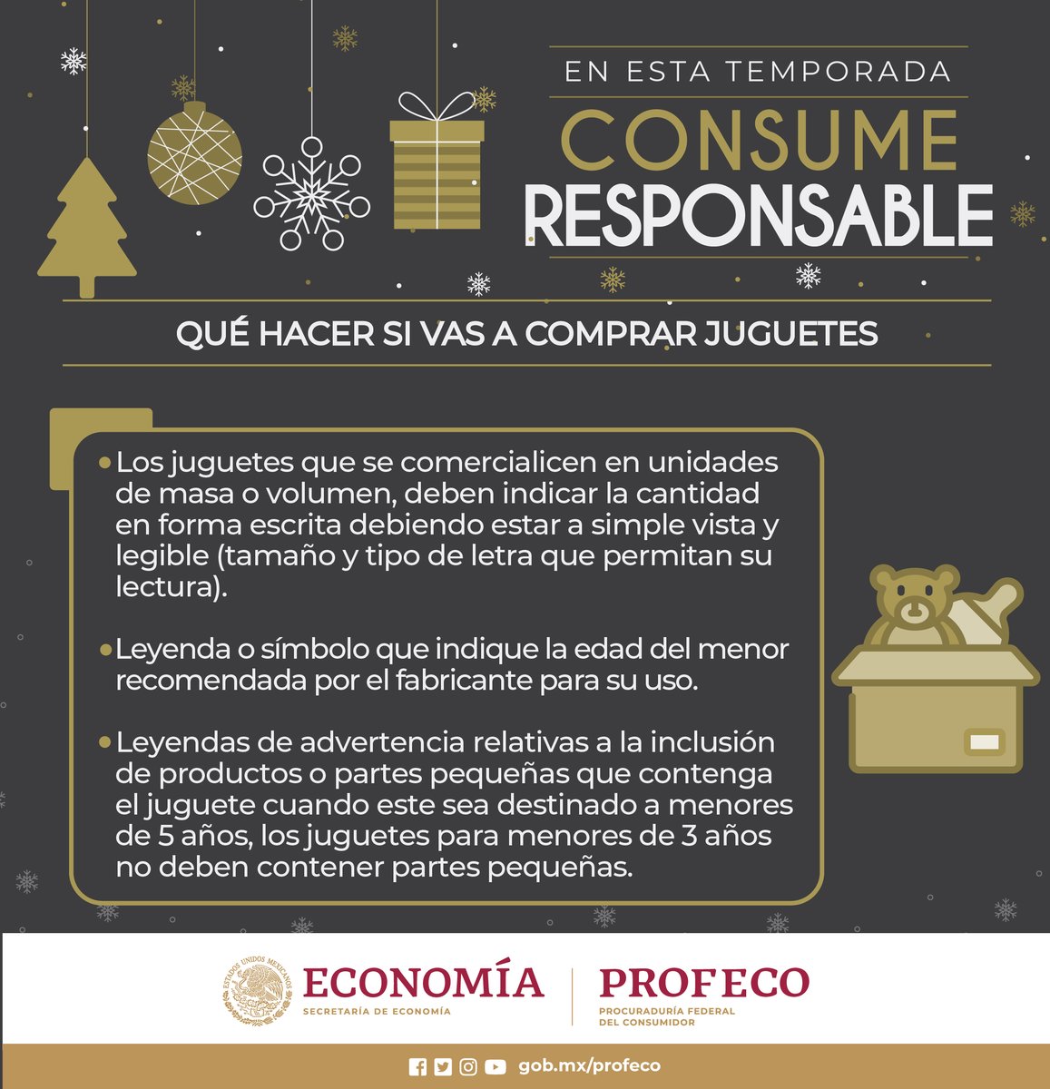 Profeco's tweet photo. 🎁#TipsProfeco Al comprar juguetes:
🧐Revisa que la información en la etiqueta sea clara y veraz, no induzca al error o engaño
✋Leyenda o símbolo que indique la edad del menor recomendada para su uso.
⚠️Leyendas de advertencia.
¡Infórmate! https://t.co/whCN34tJvn