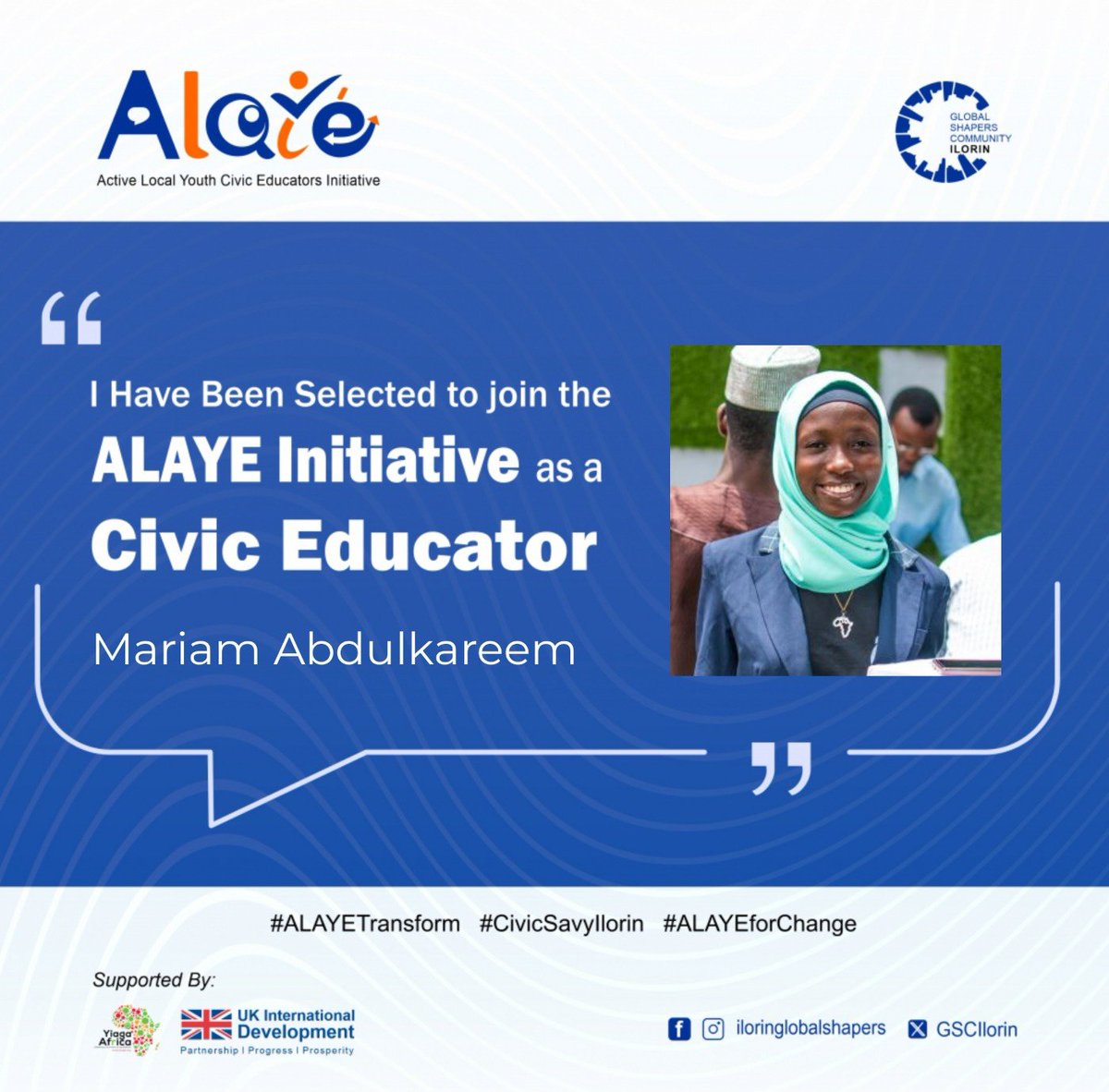 AmbMariamKareem's tweet photo. Honored to be part of the @GSCIlorin ALAYE Initiative as a Civic Educator!

Ready to champion democracy and drive civic prosperity through impactful actions in my community. 

Let's make a difference together 🌐🗳 @YIAGA @UKinNigeria

#ALAYETransforms #CivicSavvyIlorin
#AmbMariam https://t.co/1JsaSf65tl