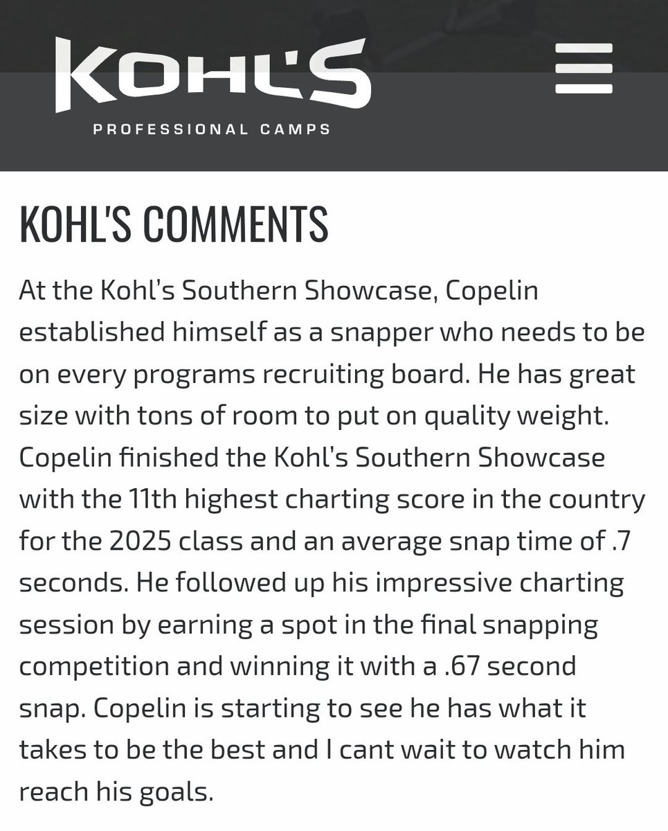 After the Kohl’s Southern Winter Showcase, I am excited to be ranked a 4.5 ⭐️ long snapper and #14 in class of 2025. Thank you @Coach_Casper for the great write up! @KohlsSnapping kohlskicking.com/player-profile…