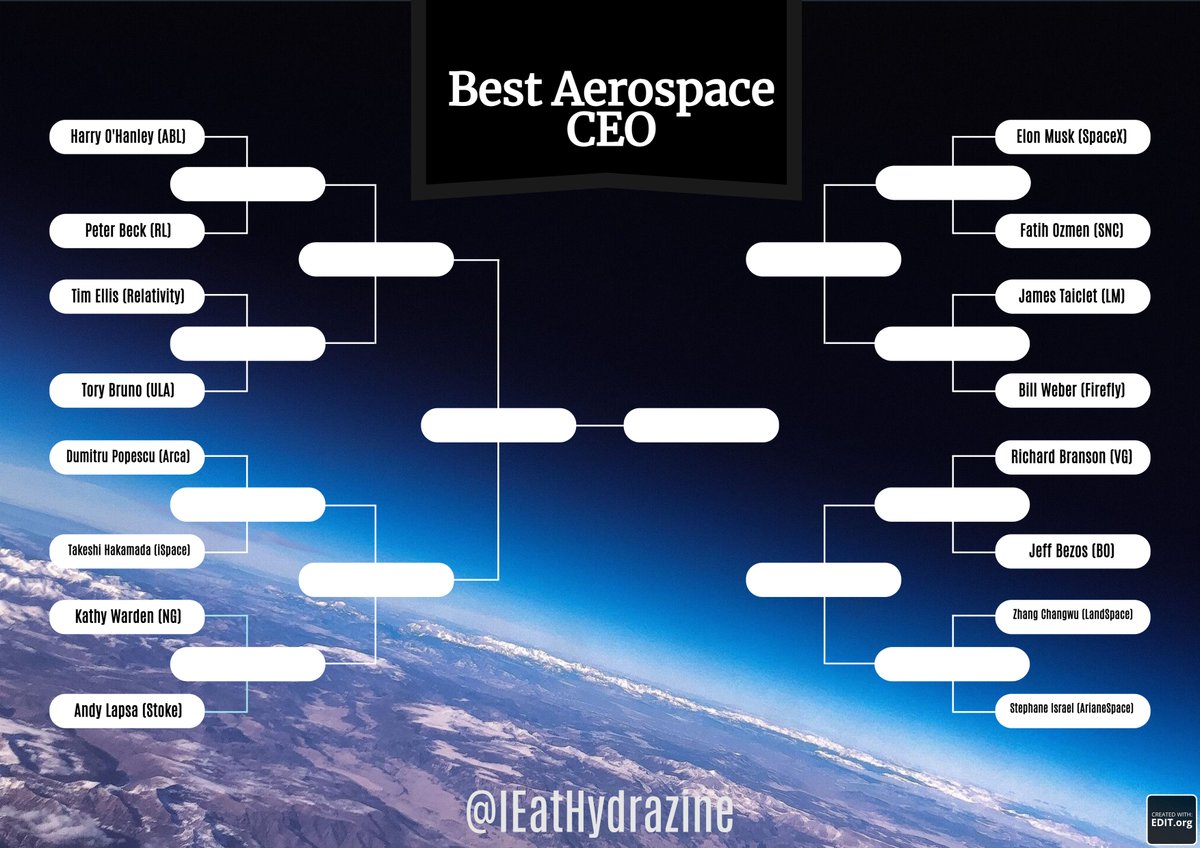 IEatHydrazine's tweet image. Best Aerospace CEO Tournament

-Worldwide Scope
-16 Contenders
-1 Winner