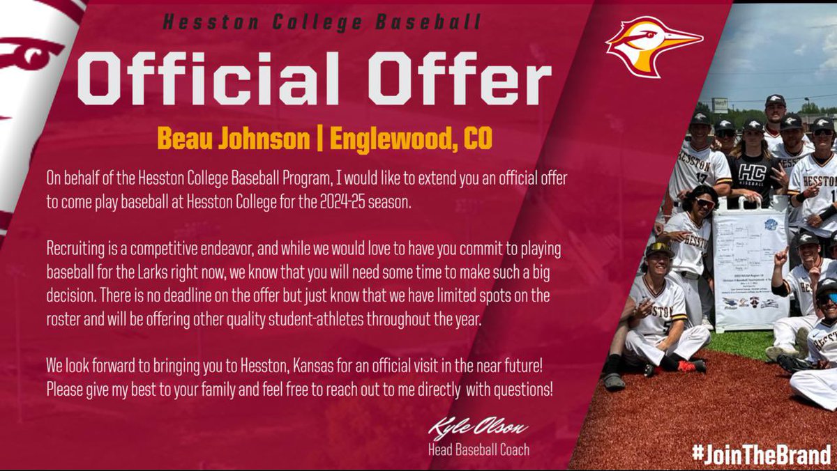 JBeau505's tweet photo. I am blessed and thankful to announce that after speaking with Coach Olson I have received an offer to continue my academic and athletic career at @HesstonBaseball !
@CoachBrink @EnglewoodHigh @FiveToolCO https://t.co/xJUs0KBAMP