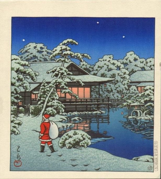 It's hard to imagine a softer, quieter night than this one created by Kawase Hasui in 1950. In a world without chimneys, Santa uses his legs to make the rounds.