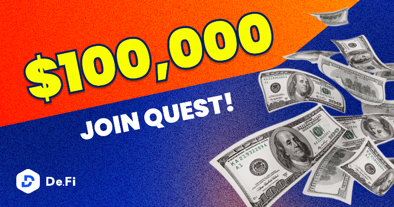 DeFi's tweet photo. 🚨 Web3's Largest $100k Quest is HAPPENING NOW!

Hosted by @DeFi themselves!

Enter the Quest, complete elementary tasks &amp; get a chance to win up to $100k! 🎁

No registration is required! #de_fi