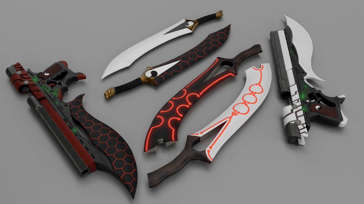 sombraxyz9's tweet photo. Emiya Alter's Kanshou and Bakuya iterations, along with his OG. These may be the coolest set of guns that I have model so far. 
His NP is in the video, along with some "fun" stuff.
(video link in replies)
#FGO #emiyaalter #fatego #FateGrandOrder #Archer #kanshou #bakuya #Emiya https://t.co/9xALU5oxpG