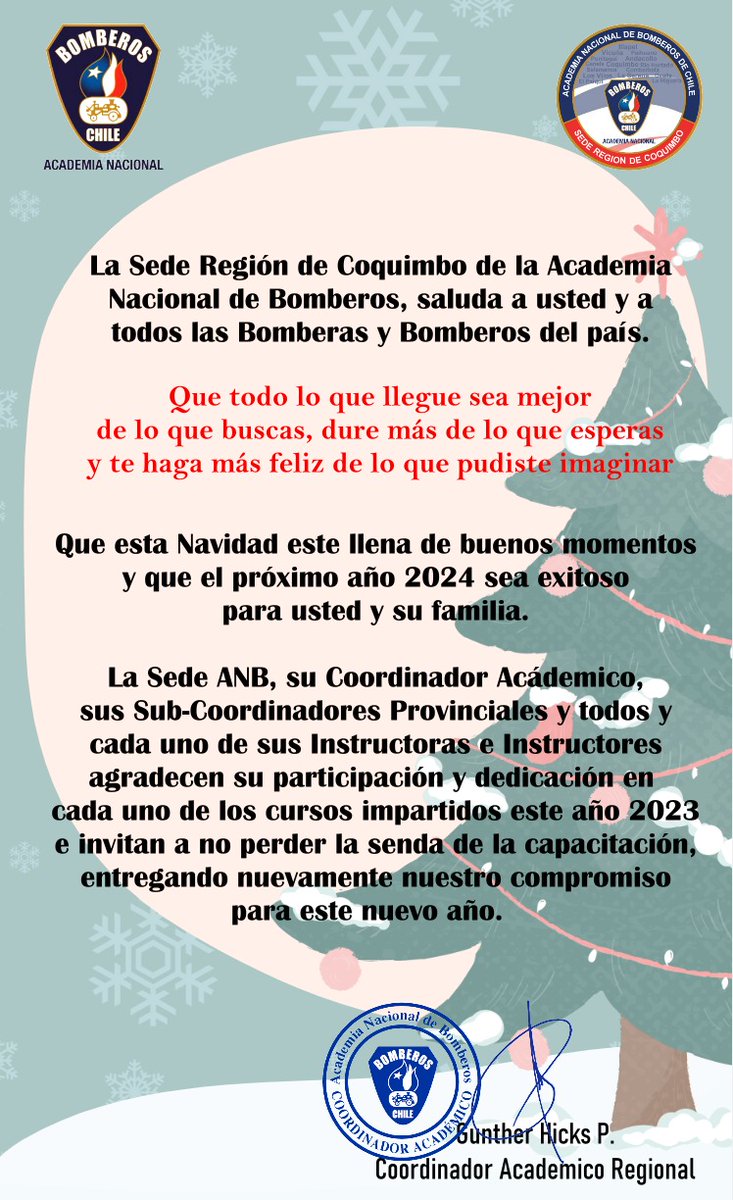 La sede Región de #Coquimbo de <a href="/ANB_Chile/">Academia Nacional</a> saluda a todas las Bomberas y Bomberos de la región y el país. Muy Feliz Navidad y prospero 2024.