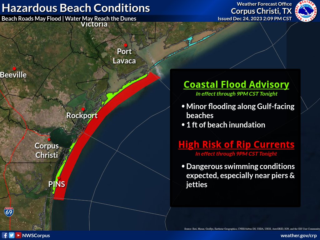 Beach hazards tonight. There's a high risk of rip currents and a Coastal Flood Advisory in effect until 9 PM due to elevated seas and swells. Please be cautious and avoid these conditions if possible. #txwx #stxwx