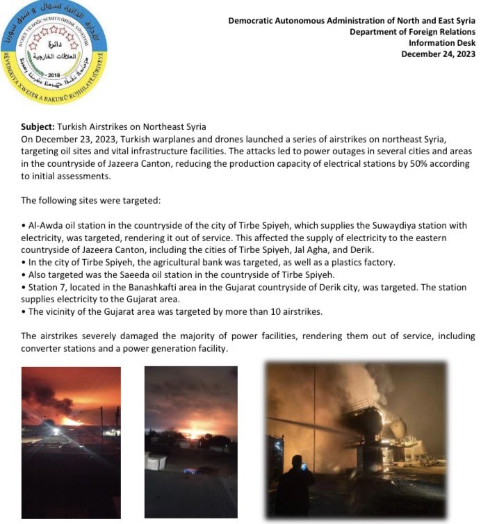 defendrojava's tweet photo. The DAANES’ statement on Turkey’s aerial attacks on North East Syria’s civilian infrastructure last night: two oil facilities, a power station, a plastics factory, and a silos were severely damaged. https://t.co/ifOdQaKGzw
