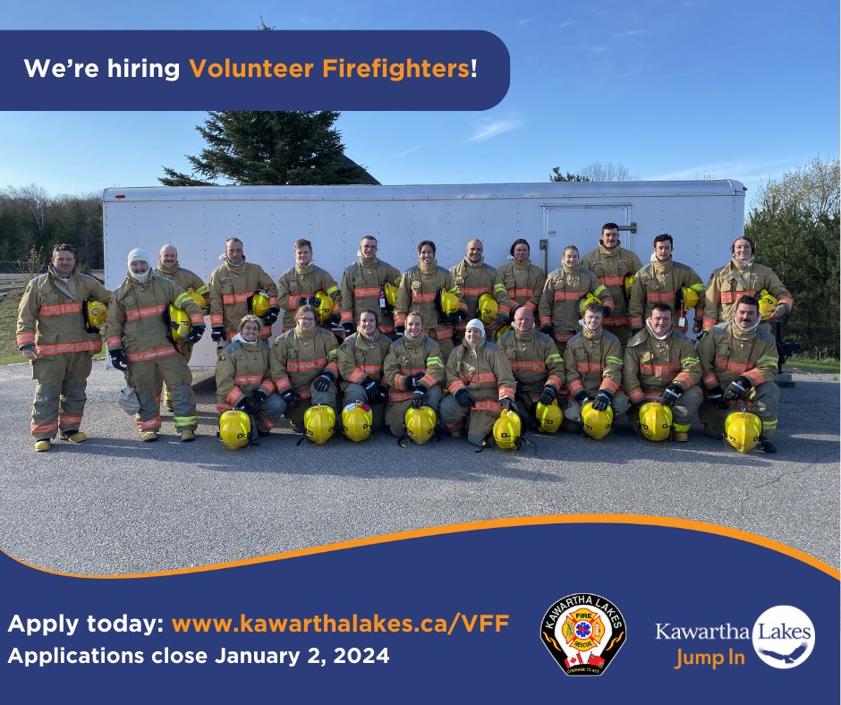 kawarthalakes's tweet photo. Applications are now open for the @KLFireRescue spring 2024 volunteer firefighter recruitment class. Join the team and help your community by applying today! Application closes Jan. 2, 2024. Details: https://t.co/YxYMWMKqJS https://t.co/LcxIPwA6z2