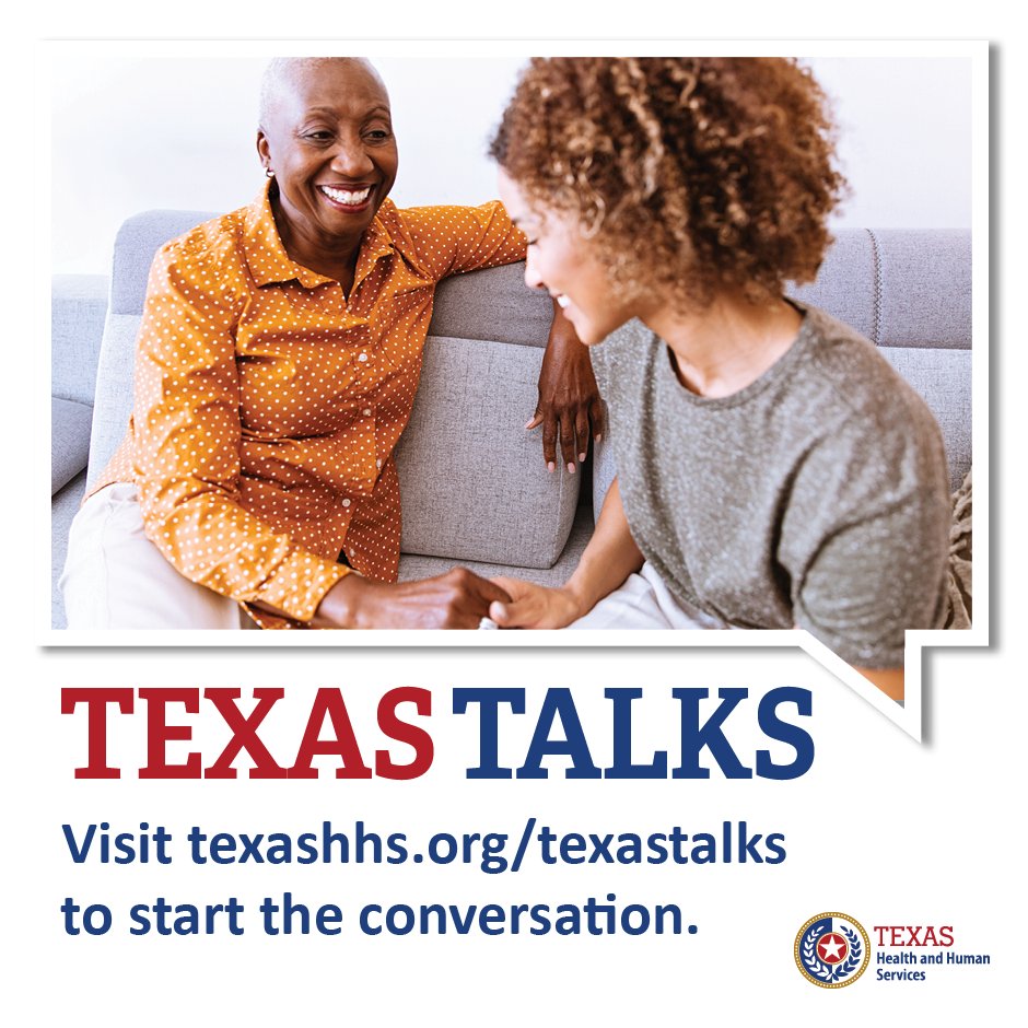 TexasHHSC's tweet photo. Many of us talk with our family and friends about our hopes for the future. Make sure those conversations include the opportunities and challenges that may arise with aging. 

Learn more by visiting: https://t.co/zyG9iY05yz 

#TexasTalks #TexasHHSC https://t.co/BZEgpOmrYl
