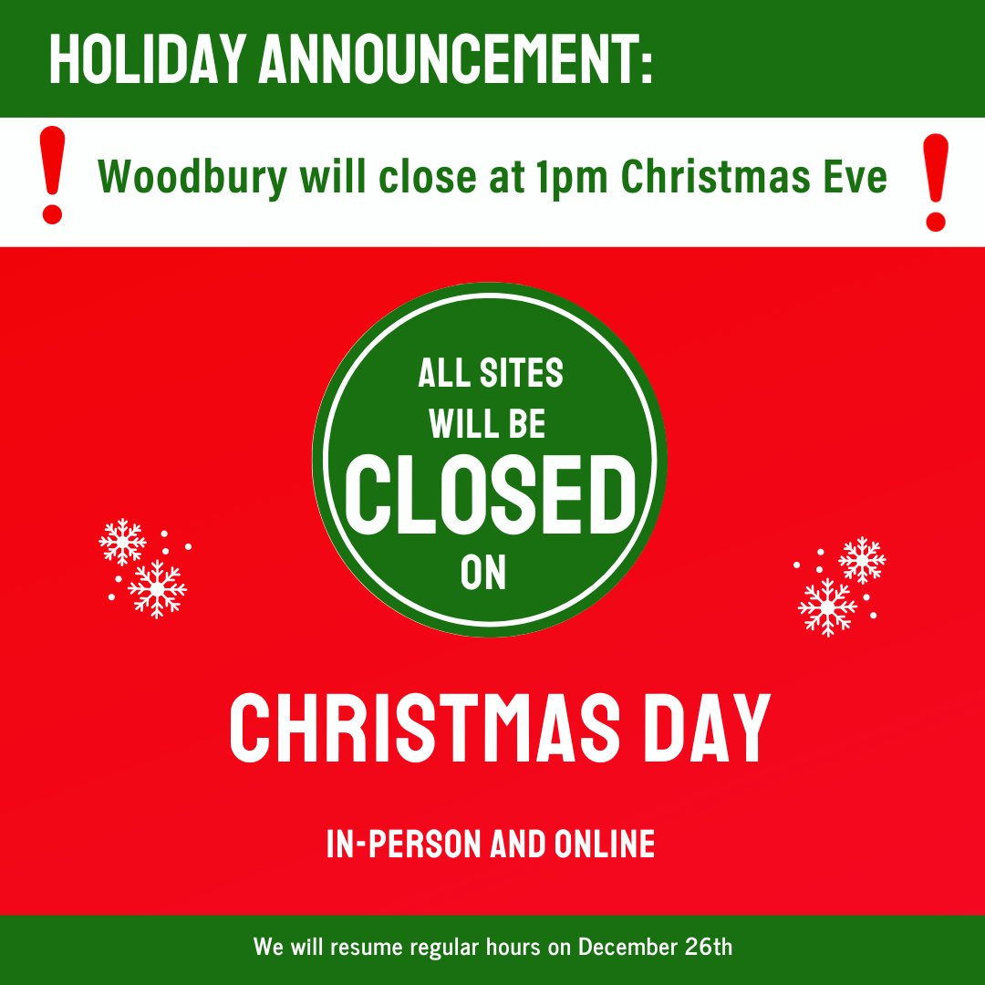 Our Woodbury location will close at 1 pm today, and all sites will be closed on Christmas Day.

Wishing you joy, warmth, and cherished moments this festive season! 🎅🤶   #HappyHolidays #ChristmasClosure #SeasonsGreetings