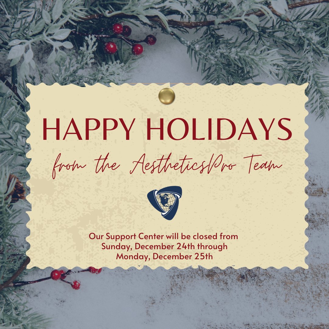 AestheticsPro2's tweet image. ๐โจ Happy Holidays from the AestheticsPro family! ๐
๐
Our support center will be closed December 24-25 to allow our team to celebrate and recharge. We appreciate your understanding and look forward to assisting you when we return.
#medspasoftware #medspamanagement