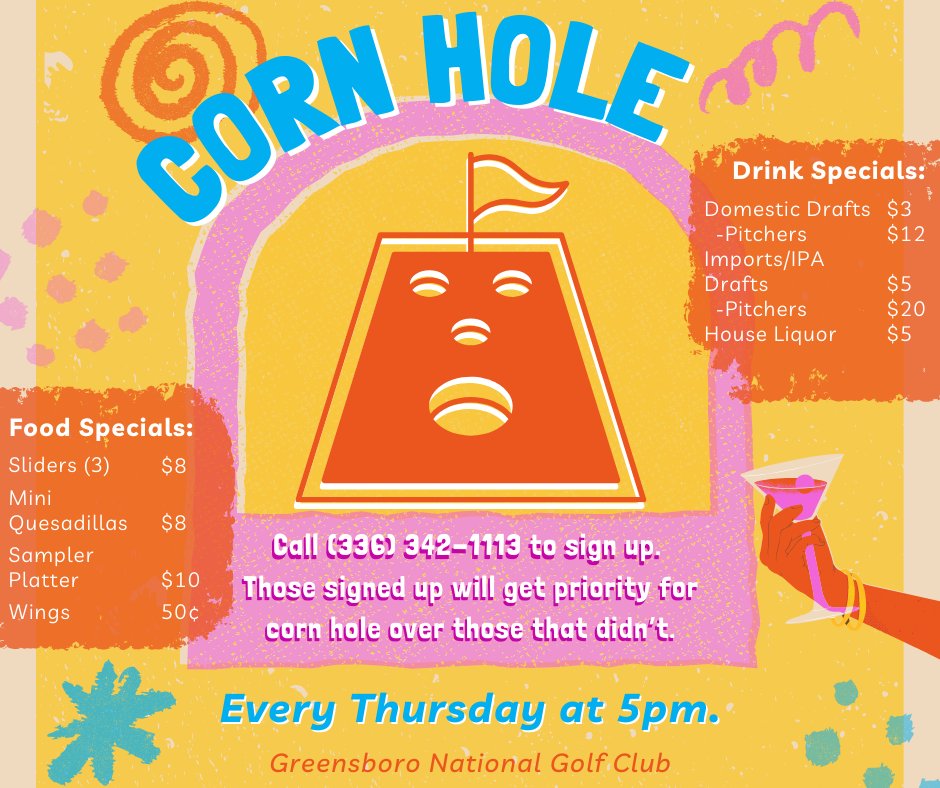 greensborogc's tweet photo. Make Thursday your favorite day of the week at Greensboro National!

Reservations are required. Please call (336) 342-1113 to register! https://t.co/BPznFHjYCv