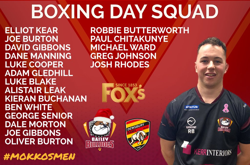 BatleyRLFC's tweet photo. TEAM NEWS | Head Coach Mark Moxon has announced his Boxing Day Squad ahead of Tuesday's Heavy Woollen Derby against @DewsburyRams at the Flair Stadium, with a 12:12 kick-off!

#MOKKOSMEN https://t.co/rqtuQucPho