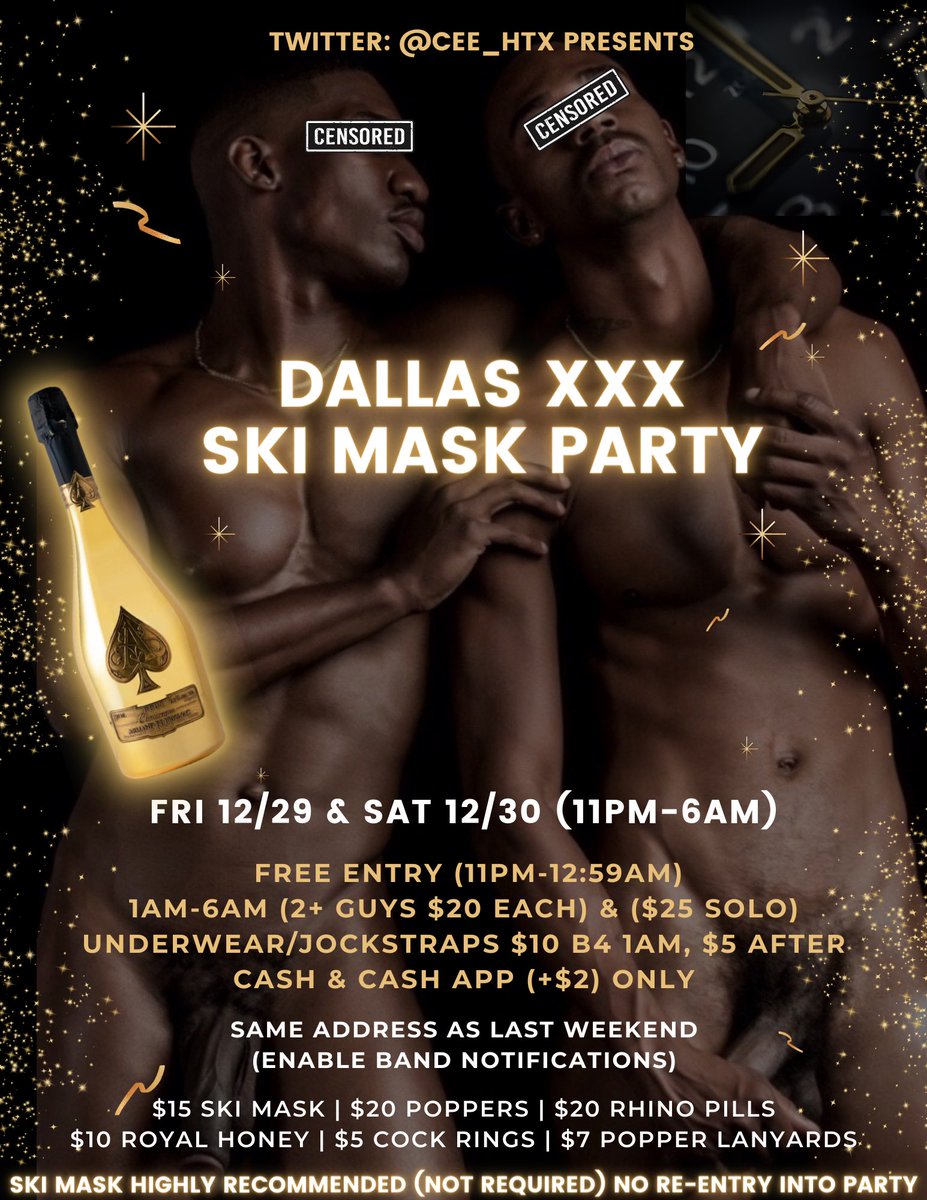 Cee_htx's tweet photo. FRI 12/29 &amp; SAT 12/30 🚨 Join ‘Dallas Sexiest Bangout’ for our SKI MASK parties 🔥 RETWEET‼️&amp; LIKE‼️flyer for a chance to win free entry all night. Please read all details in the flyer 🙌🏼 Join Dallas group app for current &amp; future events (no more texts) 🔔 https://t.co/DjLu0uWBUx https://t.co/ejrfHyliFO