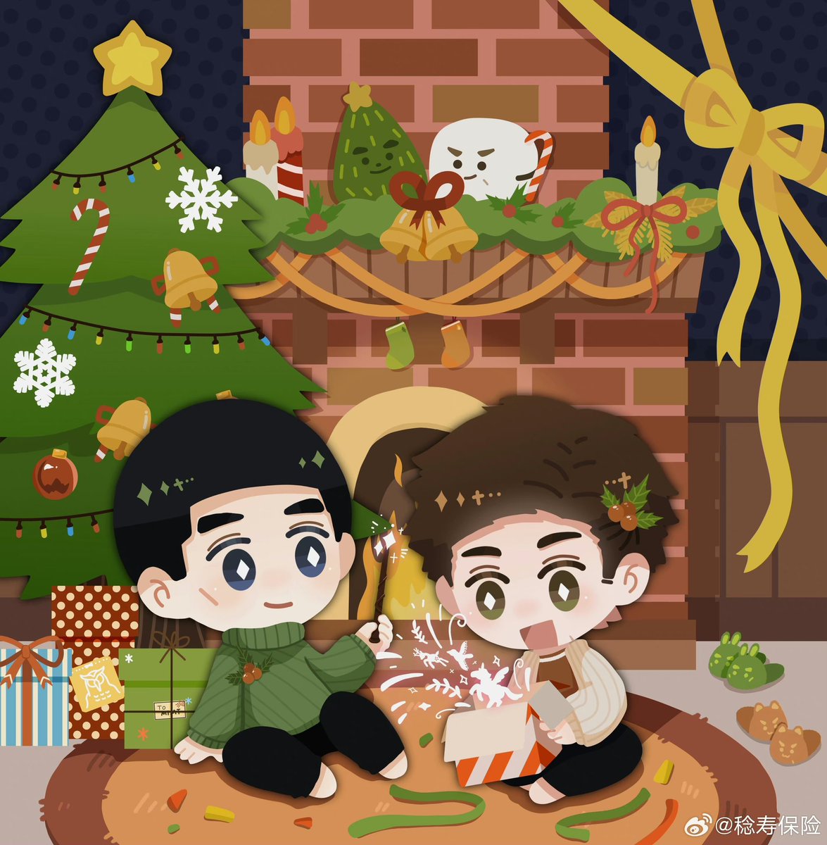 MTMTPlanB's tweet photo. 【🌲🔥松火摇光】

21:00 报到

图 by 哲学的fa

🎄寝室壁炉前交换礼物时的小魔法表演🔥
虽然P1看不太出来，但是是HP paro！德姆斯特朗交流生稔(校服颜色魔改ver. )和霍格沃茨格兰芬多学生咪

#松三
#동댐 https://t.co/yRjvUVvS7N