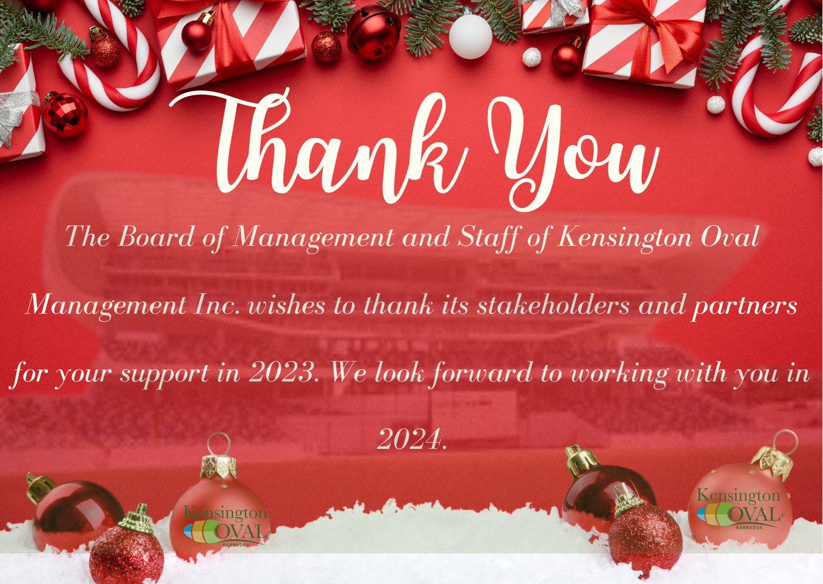The Board of Management and Staff of Kensington Oval Management Inc. wishes to thank its stakeholders and partners for your support in 2023. We look forward to working with you in 2024.

#ThankYou
