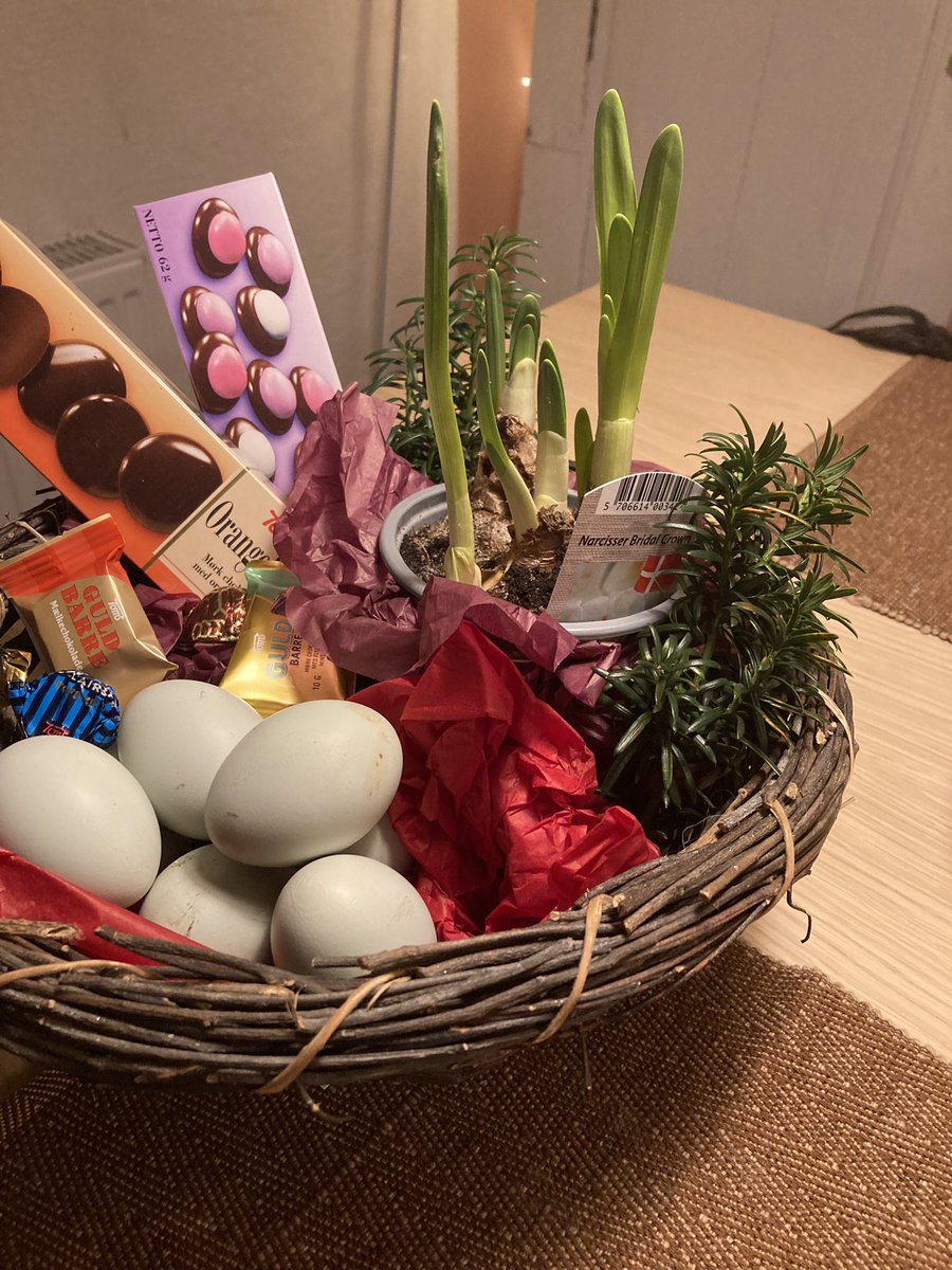 NevinPevin's tweet image. Gaven til værtinden, der hvor jeg skal holde jul. Jeg plejer at sidde alene, men dette år er hund og jeg inviteret af en venindes mor. 
Kurven rummer lokalt producerede æg fra lokalt produceret høne 💚