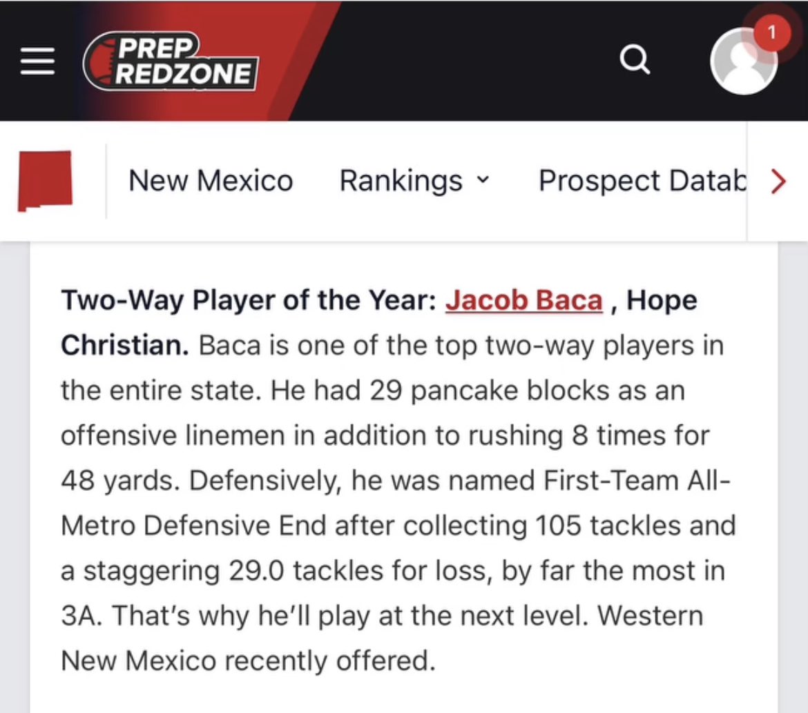 Thank you <a href="/PrepRedzoneNM/">Prep Redzone New Mexico</a> for recognizing me as two-way player of the year!