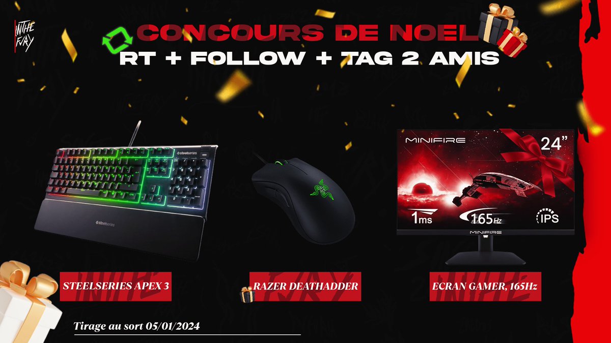 InFuria E-sport on X: 🚨 CONCOURS DE NOËL 🎄 ! On vous fait gagner ces 3  LOTS (3 gagnants) : 🖥️ Minifire Ecran PC Gaming 24 Pouce, 165Hz ⌨️  SteelSeries Apex 3