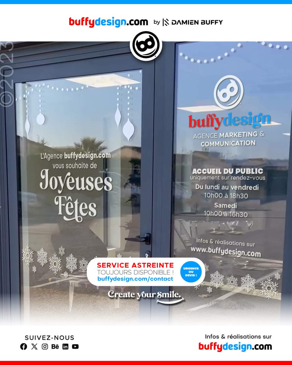 buffy_design's tweet photo. Votre agence @buffydesign prend une petite pause et revient le mardi 2 janvier pour vous accompagner sur vos projets pour 2024 !

Nous vous souhaitons de joyeuses fêtes ! 🎁🎁🎁🎁

Besoin de réaliser un adhésif sur votre vitrine ?

Contactez-nous 👇
https://t.co/jRN0ocO2jr https://t.co/iuBOhHGaRO