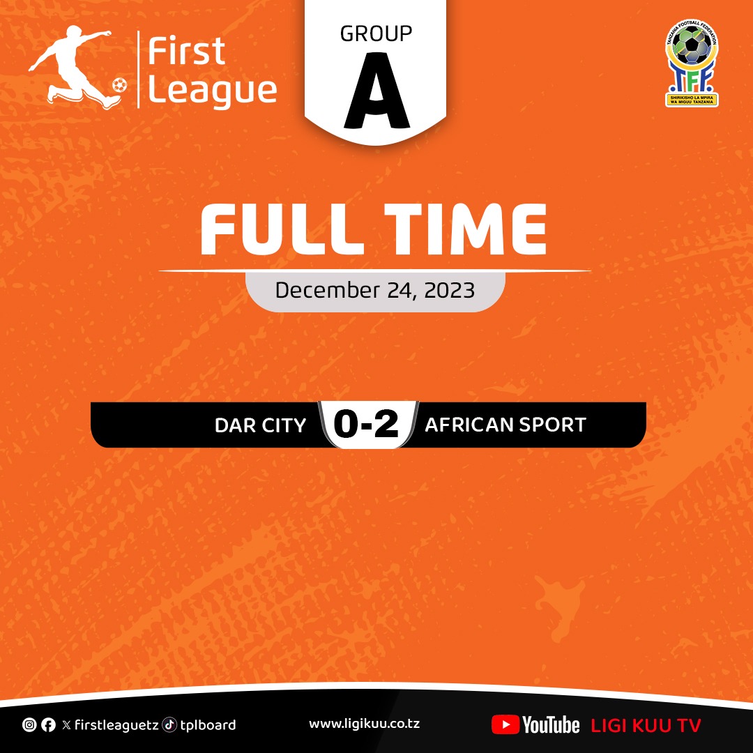 Matokeo ya mchezo wa <a href="/firstleague_tz/">Tanzania First League 🇹🇿</a> kundi A, leo Disemba 24, 2023.

<a href="/Tanfootball/">TFF TANZANIA</a>  <a href="/firstleague_tz/">Tanzania First League 🇹🇿</a>