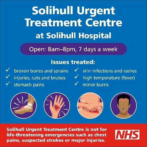 The Urgent Treatment Centre (UTC) at Solihull Hospital will continue to be open 8am-8pm, seven days a week, over the festive period.

📲 The UTC is available to adults and children (1 year and over) via NHS 111 or by walking-in.

➡️ Learn more: bit.ly/4aye1h1