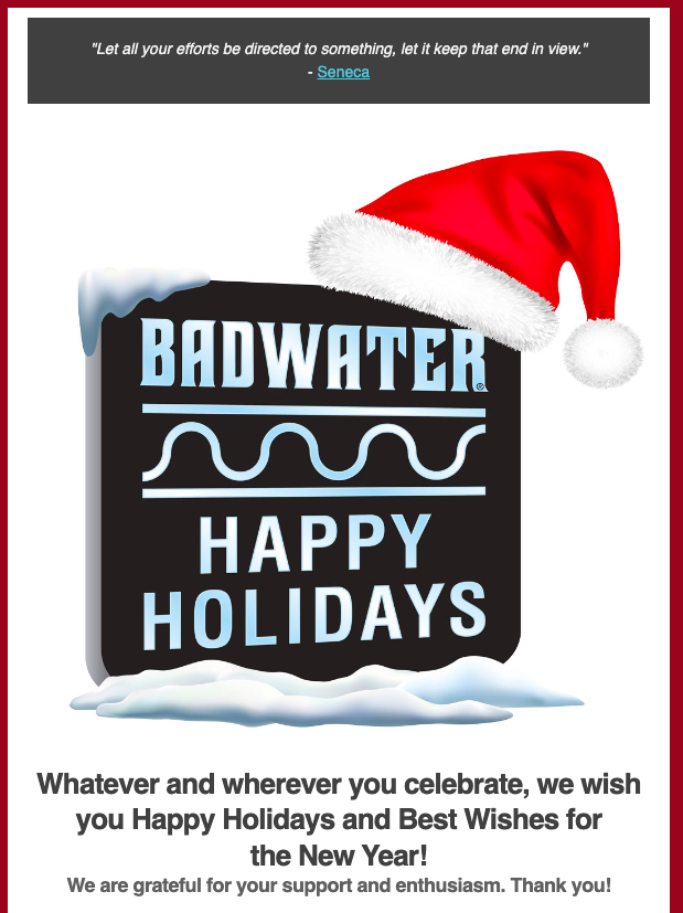 Happy Holidays to the entire worldwide Badwater Family - and all our Twitter followers! And - if you are so inclined - check out our latest Badwater / AdventureCORPS email newsletter as you drink your eggnog! lnkd.in/gGKB8aPK