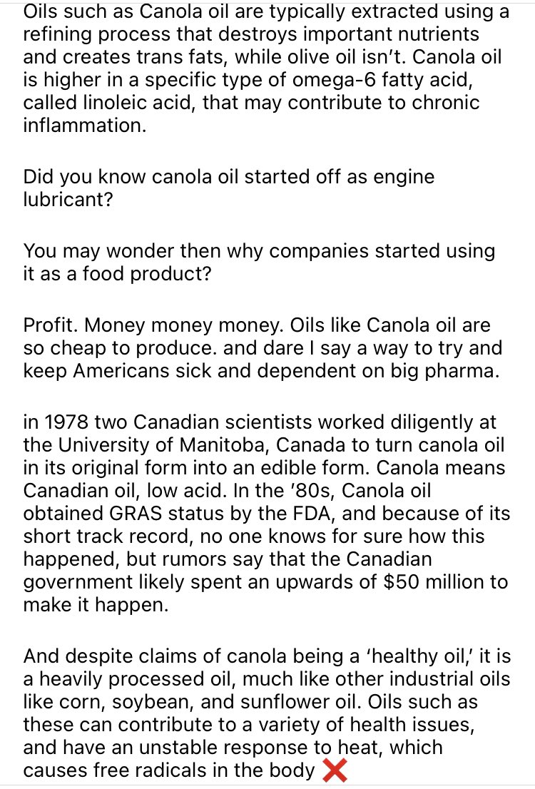 WildHoney808's tweet photo. Do me a big favor. Please throw out your canola and vegetable oils. Olive oil!! Olive oil. Olive oil. https://t.co/z3tUQaAjIC