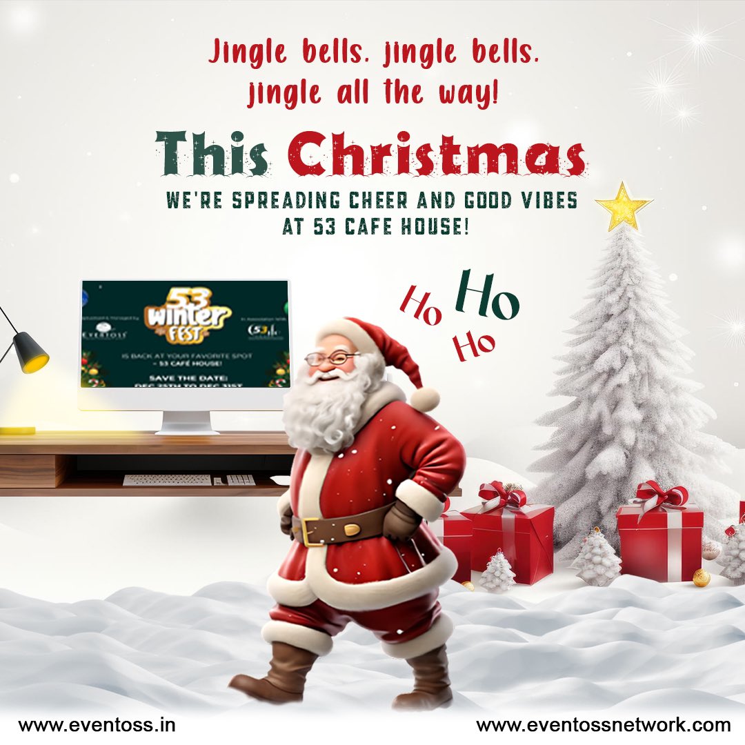 Eventossconnect's tweet photo. Unwrap the magic of the season with #TeamEventoss 🎁✨ 

Join us for a festive celebration filled with joy, laughter, and unforgettable moments. 'Tis the season to make memories together. See you at #53CafeHouse on 25th of December, 2023. 

#HolidayMagic #CelebrateWithUs" https://t.co/q1822AhLNm
