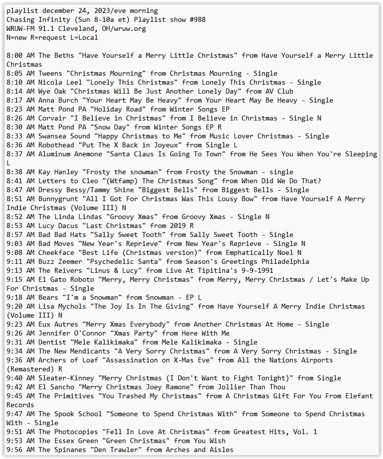 my @wruw xmas show incl: <a href="/THEBETHS/">The Beths</a> <a href="/tweensband/">Tweens</a> <a href="/annaisaburch/">Anna Burch</a> <a href="/mattpondpamusic/">Matt Pond PA</a> <a href="/BandCorvair/">Corvair</a> <a href="/SoundSwansea/">Swansea Sound</a> <a href="/kayhanley/">☠️ Kay Hanley ☠️</a> <a href="/DressyBessyBand/">Dressy Bessy</a> <a href="/BadBadHats/">Bad Bad Hats</a> <a href="/badmovesDC/">Bad Moves</a> <a href="/cheekfaceREAL/">america's local band cheekface</a> @Jennifer_Kiam <a href="/DentistBand/">Dentist (Band)</a> <a href="/rebeccagates/">ℝ𝕖𝕓𝕖𝕔𝕔𝕒 𝔾𝕒𝕥𝕖𝕤</a> <a href="/PRIMITIVESband/">The Primitives</a> <a href="/spookschool/">The Spook School</a> <a href="/ElGatoRoboto/">El Gato Roboto</a> <a href="/thephotocopies/">The Photocopies</a> +more