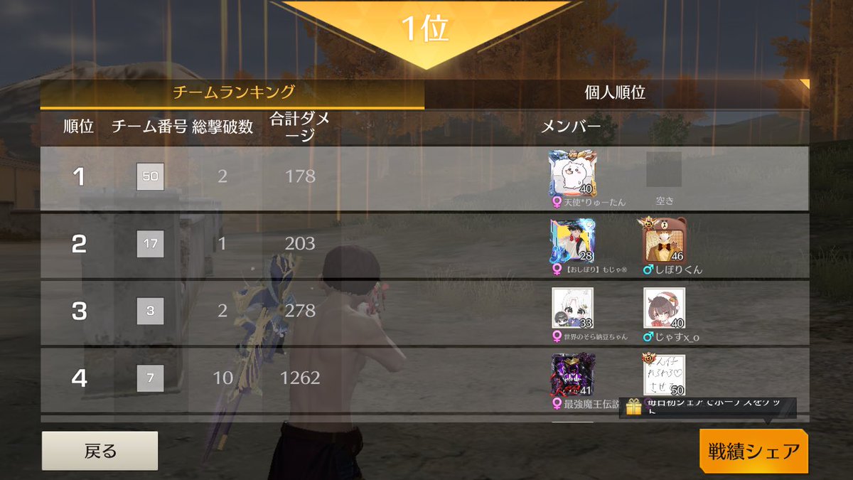 ryuyatan_'s tweet photo. 主催ありがとうございます！
無事ラスト配信のラス試合で1位あざます
来年もエンタメ枠として使ってくださいお願いします🙇‍♂️ @Botya_ch @shiborikun 
#荒野行動 #荒野男子 https://t.co/OJbO9NLbbT