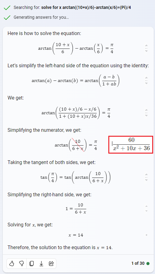 Benpalmason's tweet photo. Paging AI experts !  Why is Bing GBT doing this obvious mistake???
(the red box is the correct simplification).  Answer to the equation is -12 and 2. https://t.co/Y5pdAEWmoK