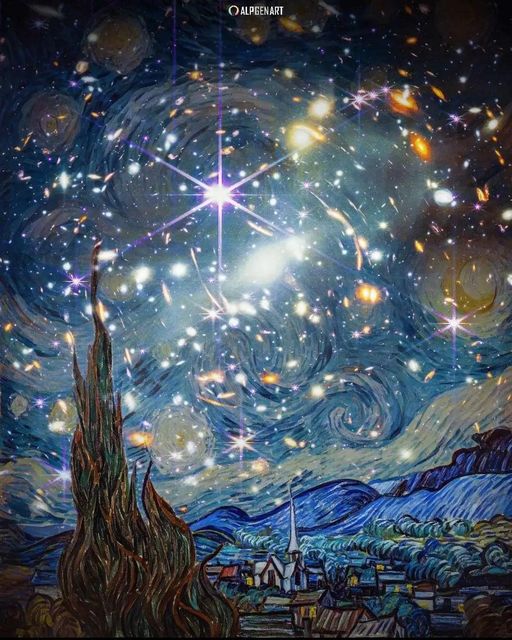 Rainmaker1973's tweet photo. Two years ago #Today, the James Webb Space Telescope was launched

[art by Ben Alp, van Gogh's Starry Night with the first image from JWST] https://t.co/2OQe7w0YLf