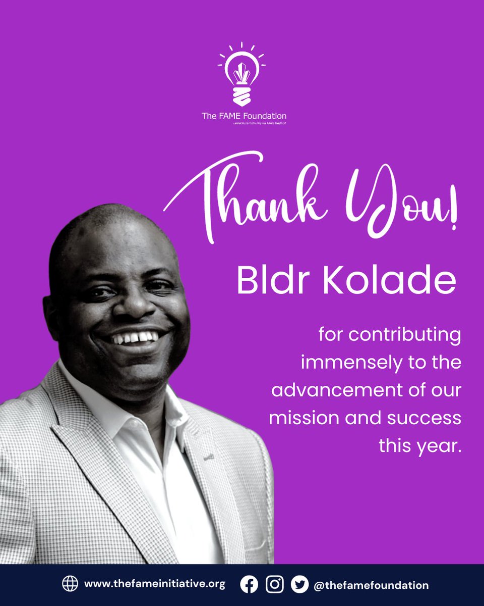 thefamefdn's tweet photo. Today, we are thanking our Board member, Builder Bimbo Kolade
Thank you for your exemplary leadership and contributing immensely to the advancement of FAME's mission and success in 2023.
We are indeed grateful!
#boardmembers #humansoffame #thefamefoundation https://t.co/e8qo22OWiw