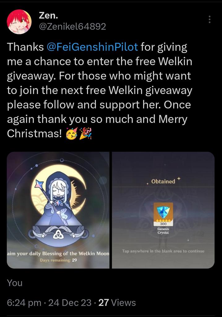 FeiGenshinPilot's tweet photo. Giveaway proof 🎉🎁🥰
#FeiGAproof
1st GA - 3 welkin
and 1 joint 60gc ga with @aresit0o https://t.co/VrqVJsmvLH