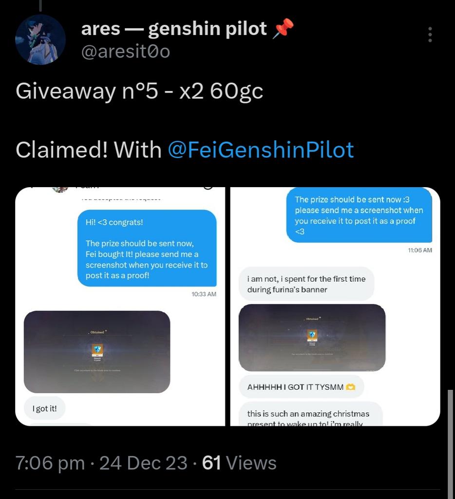 FeiGenshinPilot's tweet photo. Giveaway proof 🎉🎁🥰
#FeiGAproof
1st GA - 3 welkin
and 1 joint 60gc ga with @aresit0o https://t.co/VrqVJsmvLH