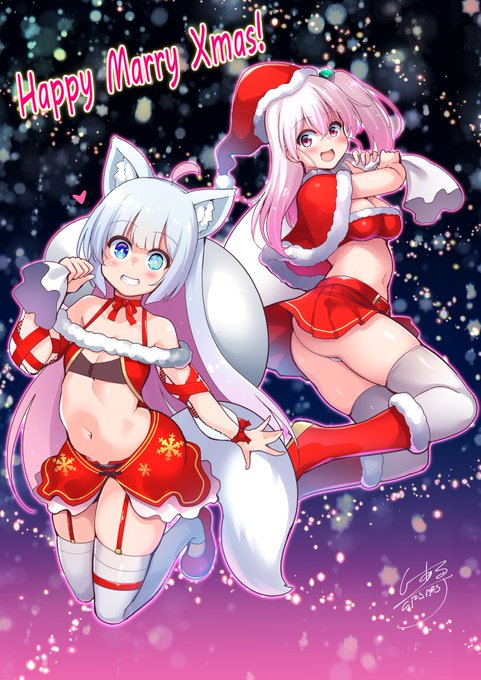 いまクリスマストーク中の獣山ギンコ様@kemoyama_ginko  と 草蔦みかんさん@lotten_mikan のサンタ服ファンアート描きましたので、こっそり投下
#くさつたーと
#ギンコ様起きて
#獣山ギンコ 