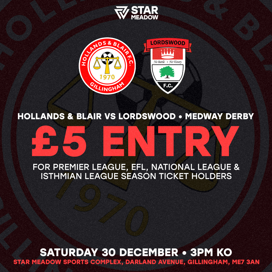 🔜 We are looking to the Medway derby between <a href="/hollandsblairfc/">Hollands & Blair FC</a> and @LordswoodFC on Saturday 30 December!

We are delighted to offer season ticket holders of other clubs the opportunity to attend this fixture for just £5 🎟️

<a href="/SCEFLeague/">Presence & Co. SCEFL League</a> <a href="/ksnfootball/">Kent Football News</a> <a href="/KentNLPodcast/">Kent NL Podcast 🥇🥈</a>